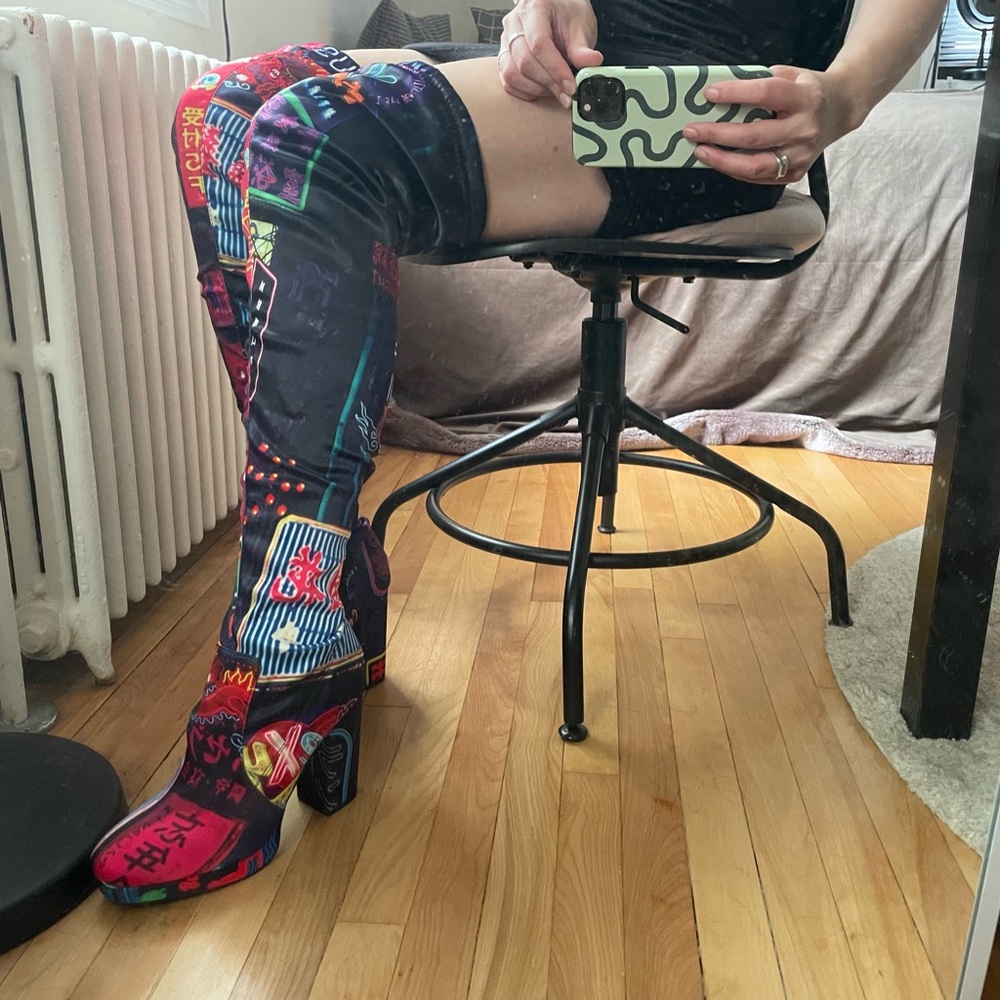 NWOT Doll’s Kill thigh-high graphic boots NEVER WORN